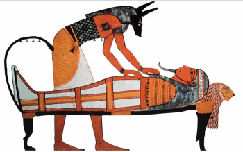 Anubis, god of the dead, preparing the body of the deceased.