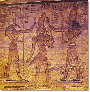The gods Seth (left) and Horus (right) adoring Ramesses in the small temple at Abu Simbel