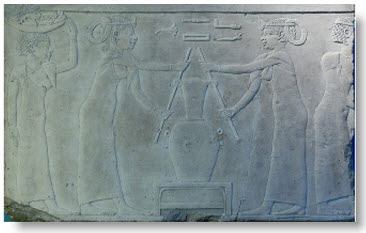  The making of lily perfume. Limestone, fragment from the decoration of a tomb, 4th dynasty of Egypt-(2500s BC).
